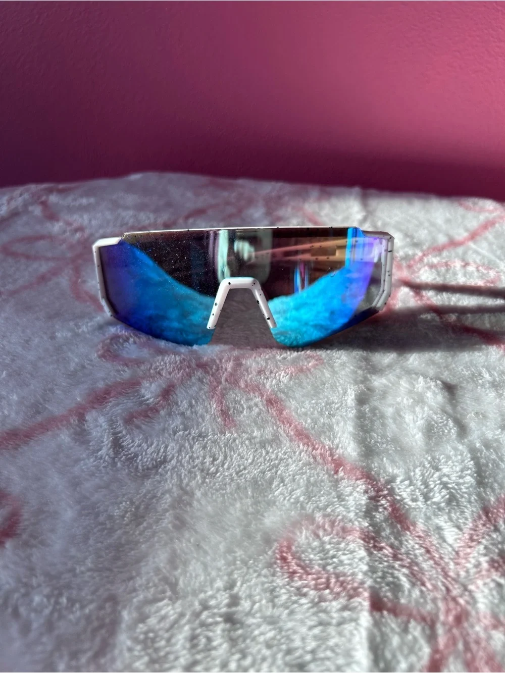 Mirrored Blue Shield Sunglasses with White Frame